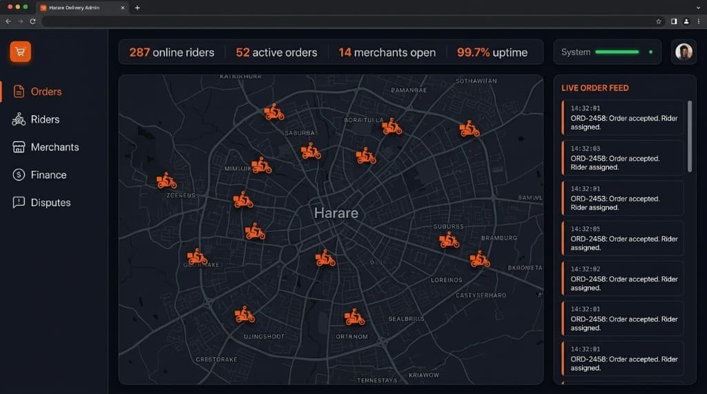 Manna operations view with live Harare map and rider activity