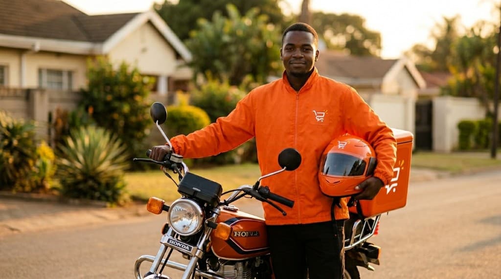 Manna delivery rider in orange kit with motorbike and insulated delivery box